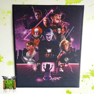 May include: A rectangular patch with a black border featuring a collage of horror movie characters against a purple and black background. The patch includes characters like Freddy Krueger, Pennywise, and Chucky. The text "CASKET IN THE CRYPT" is at the bottom.