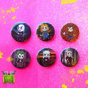 6 Horror Chibi Character Cute Button Badges Set Chucky Beetlejuice Nosferatu
