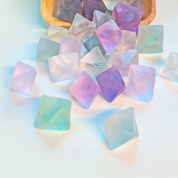 Rainbow Fluorite Octahedron | Rainbow Fluorite Crystals, Diamond Shape Stone, Natural Green/Purple Fluorite Crystals for Healing, Meditation