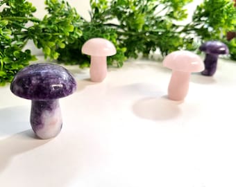 Crystal Mushrooms | Lepidolite Mushroom, Rose Quartz Mushroom, Carved Gemstone Mushroom, Plant Crystal, Garden Gem, Fairy Crystals, Fungi