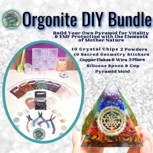 May include: Orgonite DIY Bundle kit with a clear pyramid mold, 10 crystal chips, 2 powders, 10 sacred geometry stickers, copper flakes and wire, 3 pliers, a silicone spoon and cup. Build your own pyramid for vitality and EMF protection with the elements of Mother Nature.