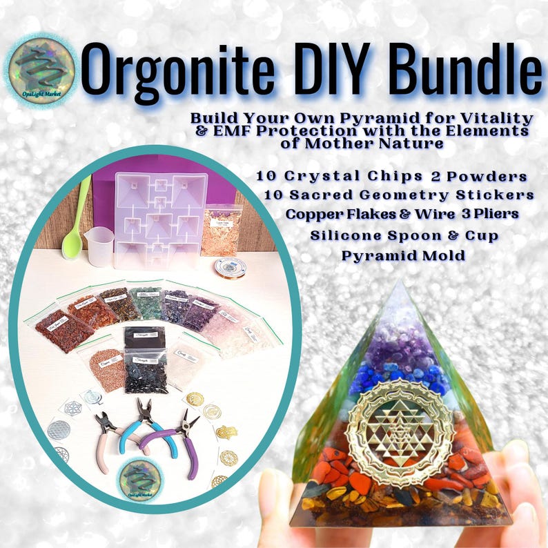 May include: Orgonite DIY Bundle kit with a clear pyramid mold, 10 crystal chips, 2 powders, 10 sacred geometry stickers, copper flakes and wire, 3 pliers, a silicone spoon and cup. Build your own pyramid for vitality and EMF protection with the elements of Mother Nature.