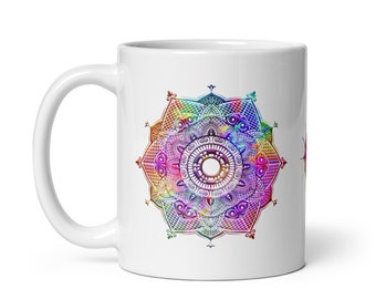 Taza de mandala de cristal con diseño de Quantum Quilt: taza mágica de cristal, taza de té de cristal, taza de café de cristal, taza de cristal, taza inspiradora, taza de mentalidad positiva