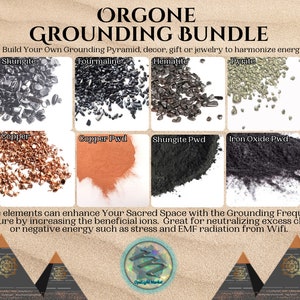 May include: A collection of grounding crystals and powders, including shungite, tourmaline, hematite, pyrite, copper, copper powder, shungite powder, and iron oxide powder. These elements can enhance your sacred space with the grounding frequency of nature by increasing the beneficial ions. Great for neutralizing excess chaotic or negative energy such as stress and EMF radiation from wifi.  The text "ORGONE GROUNDING BUNDLE" is at the top of the image.  The text "Build Your Own Grounding Pyramid, decor, gift or jewelry to harmonize energy" is below the title.  The text "Opalight Market" is at the bottom of the image.