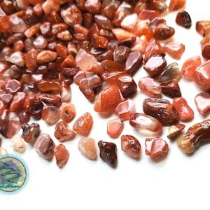 May include: A collection of polished carnelian gemstones in various shades of red, orange, and brown. The stones are small, irregular shapes, and appear to be tumbled. The image is a close-up, showing the texture and color variations of the stones.