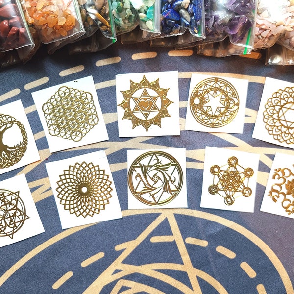 Sacred Geometry Copper Metal Stickers- Set of 5 or 10 | Flower of Life, Mandalas, Tree of Life, Chakras | Orgone, Jewelry, Resin Art, Crafts