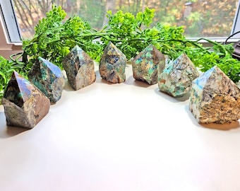 Azurite Malachite Polished Point | Azurite Crystal, Raw Azurite Point, Carved Malachite, Azurite Tower, Polished Obelisk, Altar Crystal
