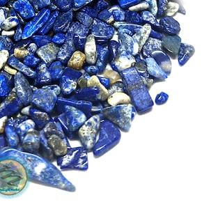 May include: A pile of small, blue and white lapis lazuli stones. The stones are irregularly shaped and have a rough texture.