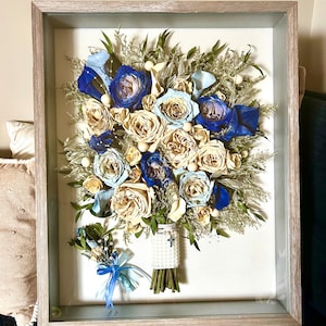 Custom Wedding Bouquet Shadow Box | Pressed Flower Heirloom Keepsake Frame Grey distressed16x20 inches