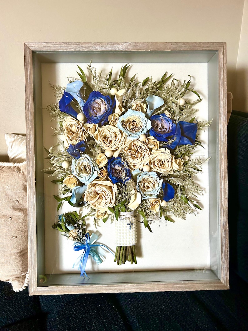 Custom Wedding Bouquet Shadow Box | Pressed Flower Heirloom Keepsake Frame Grey distressed16x20 inches