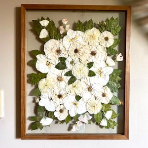 May include: A rectangular wooden frame containing a pressed floral arrangement. The display features numerous white flowers with visible brown centers and green leaves, all set against a neutral background behind a clear glass pane.