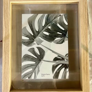 May include: A rectangular picture frame with a light-colored wood grain finish. The frame contains a black and white print of monstera leaves. The print features the text "Picture Frame 5x7in" printed in the lower center area of the image.