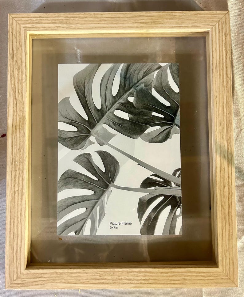 May include: A rectangular picture frame with a light-colored wood grain finish. The frame contains a black and white print of monstera leaves. The print features the text "Picture Frame 5x7in" printed in the lower center area of the image.