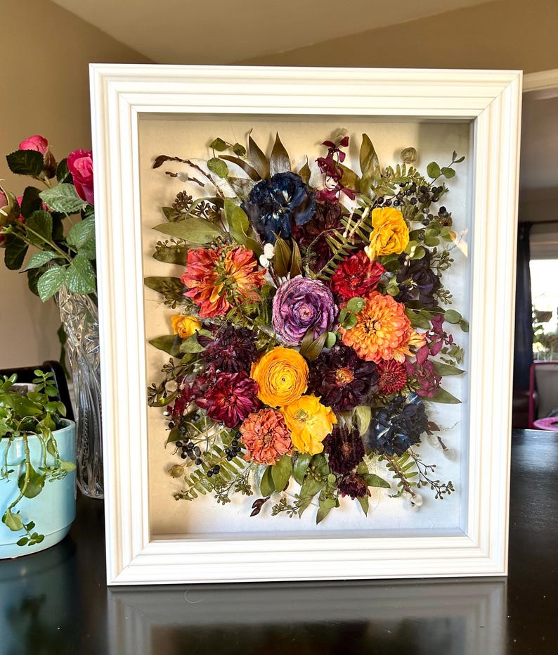 Custom Wedding Bouquet Shadow Box | Pressed Flower Heirloom Keepsake Frame white11x14 inches