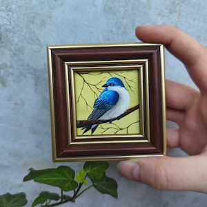 Swallow oil painting  Miniature framed art Original mini oil painting Bird wall art Small painting gift Framed painting Bird lover gift
