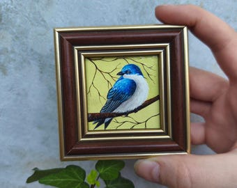 Swallow oil painting  Miniature framed art Original mini oil painting Bird wall art Small painting gift Framed painting Bird lover gift