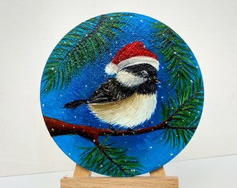 Chickadee painting Bird oil painting Xmas decor Original painting Cristmas tree decoration balls Small oil paintind