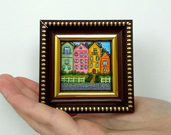 City landscape painting Small painting framed Amsterdam original painting