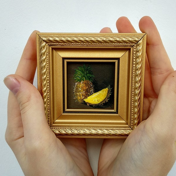 Pineapple painting Fruit artwork Small framed oil painting Gift for friend