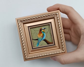 Bee eater Bird oil painting original Mini framed painting Gift for mother's day