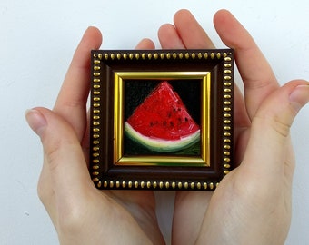 Miniature oil painting framed Watermelon Tiny artwork