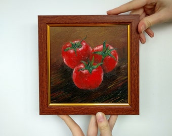 Tomatoes painting 6x6 Still life artwork Framed original painting