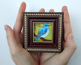 Blue bird oil painting Small painting original 2x2 Framed artwork