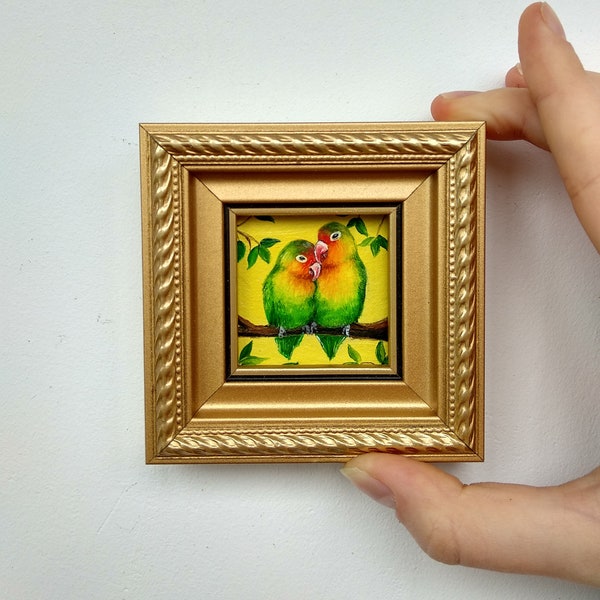 Peinture de perroquets Oeuvre d'art oiseaux amoureux Peinture micro encadrée 2 x 2