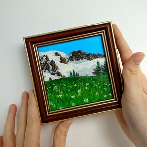 Mount Rainier painting Landscape artwork Mini framed oil painting