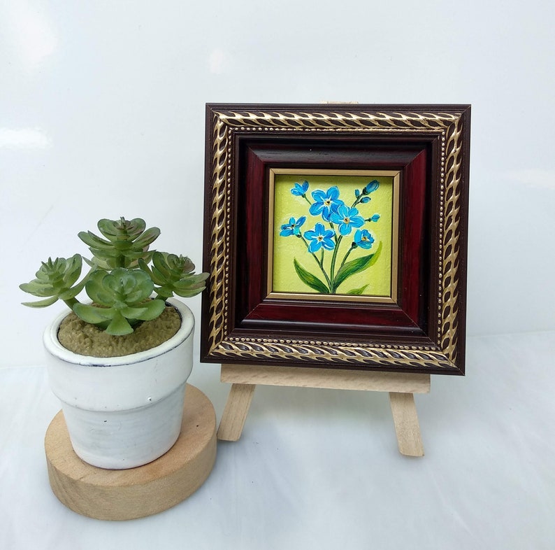 Forget me not painting Blue flowers oil painting Miniature art framed image 6