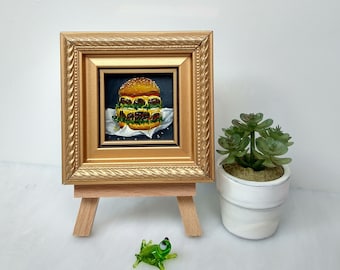 Hamburger painting Food painting original Miniature art Burger painting Tiny painting 2x2 inches