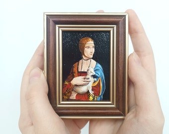 Lady wiht an ermine Miniature oil painting Framed oil painting  Famous painting Tiny painting framed Small painting framed Handmade Da Vinci