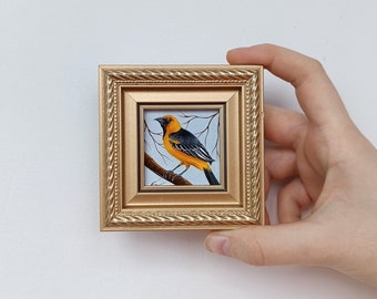 Almira oriole bird Miniature oil Painting in Framed Frame - Handcrafted Art for Home Decor or Gift-Giving