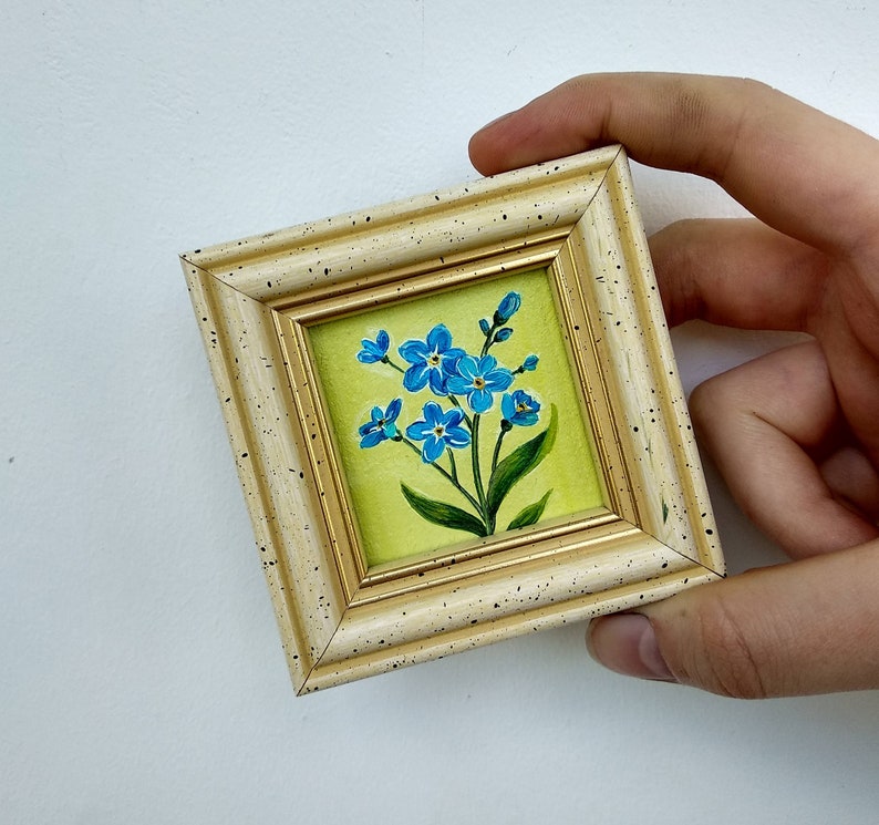 Forget me not painting Blue flowers oil painting Miniature art framed image 1