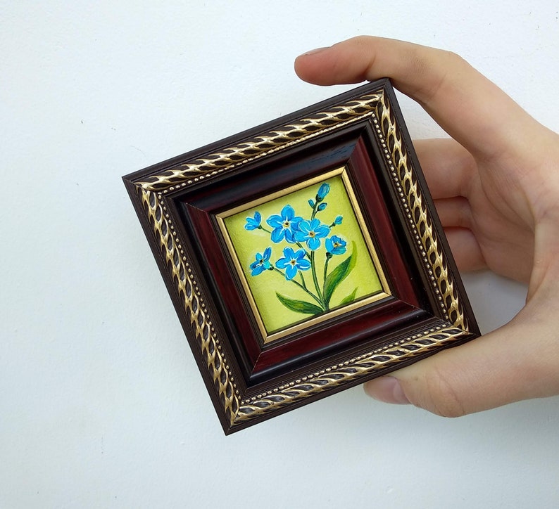 Forget me not painting Blue flowers oil painting Miniature art framed image 5