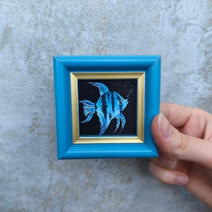 Fish oil painting Miniature blue fish art  Framed micro painting  Animal wall decor Hand-painted ocean artwork Original painting