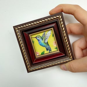Hummingbird oil painting Framed tiny artwork Miniature painting