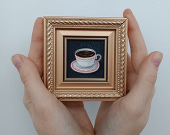 Coffee cup painting Original Gift for birthday 2x2 painting Framed artwork Still life painting Kitchen wall art