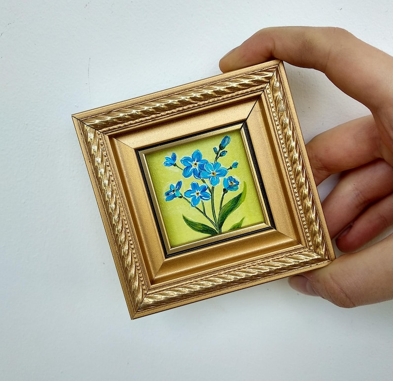 Forget me not painting Blue flowers oil painting Miniature art framed image 2