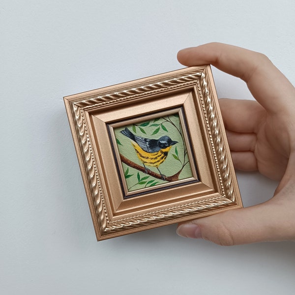 Wabler bird Miniature painting original Tiny wall art Bird framed art Gift for grandma