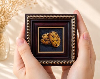 Chocolate Chip Cookies Miniature Oil Painting, Original Tiny Food Art, Framed Kitchen Wall Decor, Biscuit art, Bakery painting