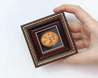 Pizza wall art Oil painting original Food painting ukraine Framed tiny paintings Kitchen wall art Miniature painting Unique gift for friends