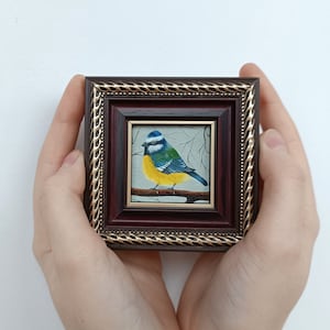 Bird oil painting original Chickadee painting Framed miniatures Bird gifts for women