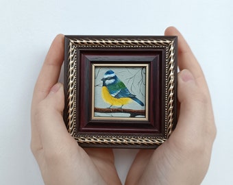 Bird oil painting original Chickadee painting Framed miniatures Bird gifts for women