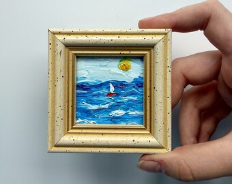 Seascape painting original Yacht painting Small painting oil Framed miniature oil painting Ocean art Marine painting Impasto seascape