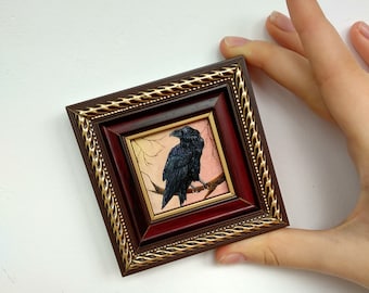 Crow painting Raven painting Bird oil painting  Miniature painting Wall oil painting Painting framed  Original painting Wall art painting