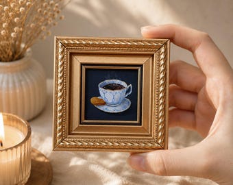 Blue Coffee Cup Oil Painting, Miniature Framed Art, Original Coffee Painting, Tiny Kitchen Decor, Coffee Lover Gift, Café Wall Artwork