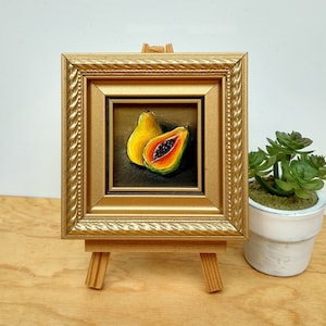 Art papaye, peinture de fruits, oeuvre de fruits, nature morte, peinture originale, encadrée, peinture d'art mural, peinture d'art miniature, petite oeuvre d'art à l'huile