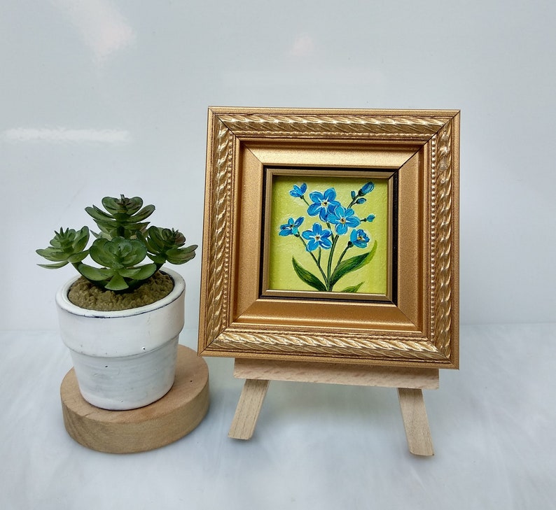 Forget me not painting Blue flowers oil painting Miniature art framed image 3