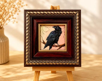 Raven painting, dark academia art, gothic painting, small painting